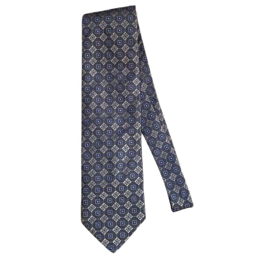 Vintage‎ DiMoggio Hand Made Pure Silk Tie Gray Blue Geometric Print